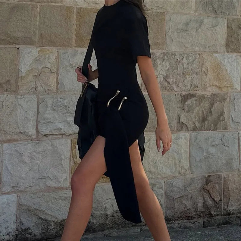 Short Sleeve Draped Sexy Mini Dress For Women Black Metal Buckle O Neck High Waist Bodycon Club Dress Vestido Clothes