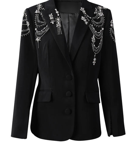 Women Black Rhinestones Nailed Big Size Elegant Blazer New Lapel Long Sleeve Jacket Fashion Spring Autumn 2025 5ZD1434