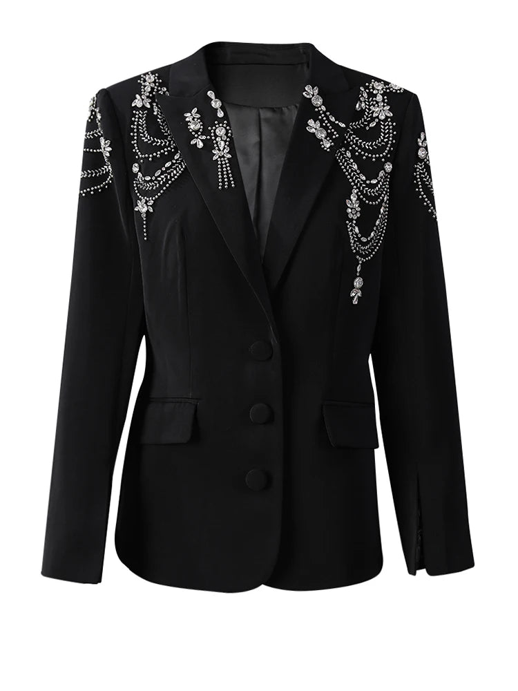 Women Black Rhinestones Nailed Big Size Elegant Blazer New Lapel Long Sleeve Jacket Fashion Spring Autumn 2025 5ZD1434