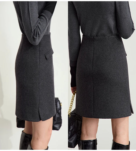 Minimalist Women's Commuter Cropped Woolen Skirts Advanced Grey Split Straight Skirt 2025 Winter Female Bottoms 12444028
