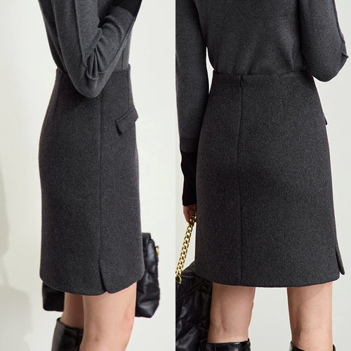 Minimalist Women's Commuter Cropped Woolen Skirts Advanced Grey Split Straight Skirt 2025 Winter Female Bottoms 12444028