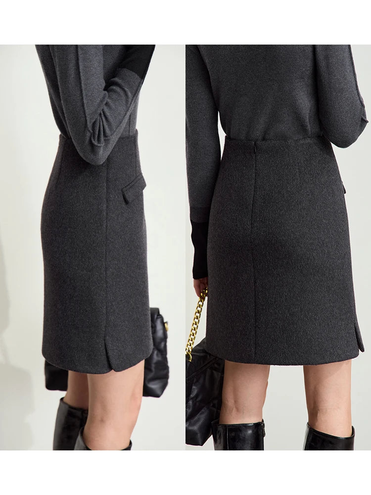Minimalist Women's Commuter Cropped Woolen Skirts Advanced Grey Split Straight Skirt 2025 Winter Female Bottoms 12444028