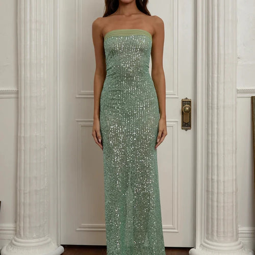 Load image into Gallery viewer, Sequin Strapless High Split Sexy Maxi Dress Women Elegant Off-shoulder Sleeveless Backless Sparkle Floor Length Dress
