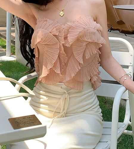 Solid Spliced Fungus Folds Elegant Vests for Women Straoless Sleeveless Temperament Vest Female Fashion Clothes New