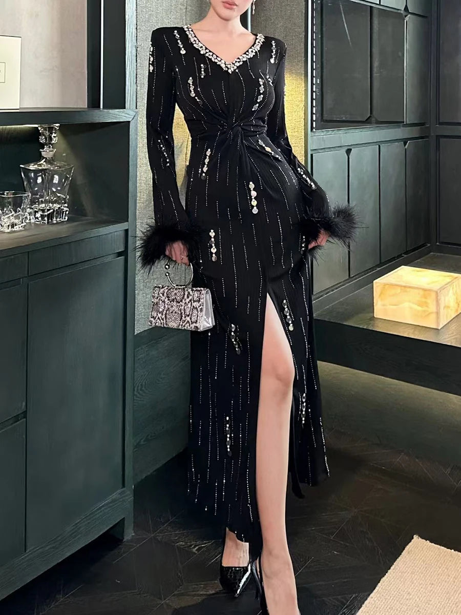 Slimming Spliced Bead Lusurious Dresses for Women V Neck Long Sleeves Tunic Split Patchwork Feathers Dress Female