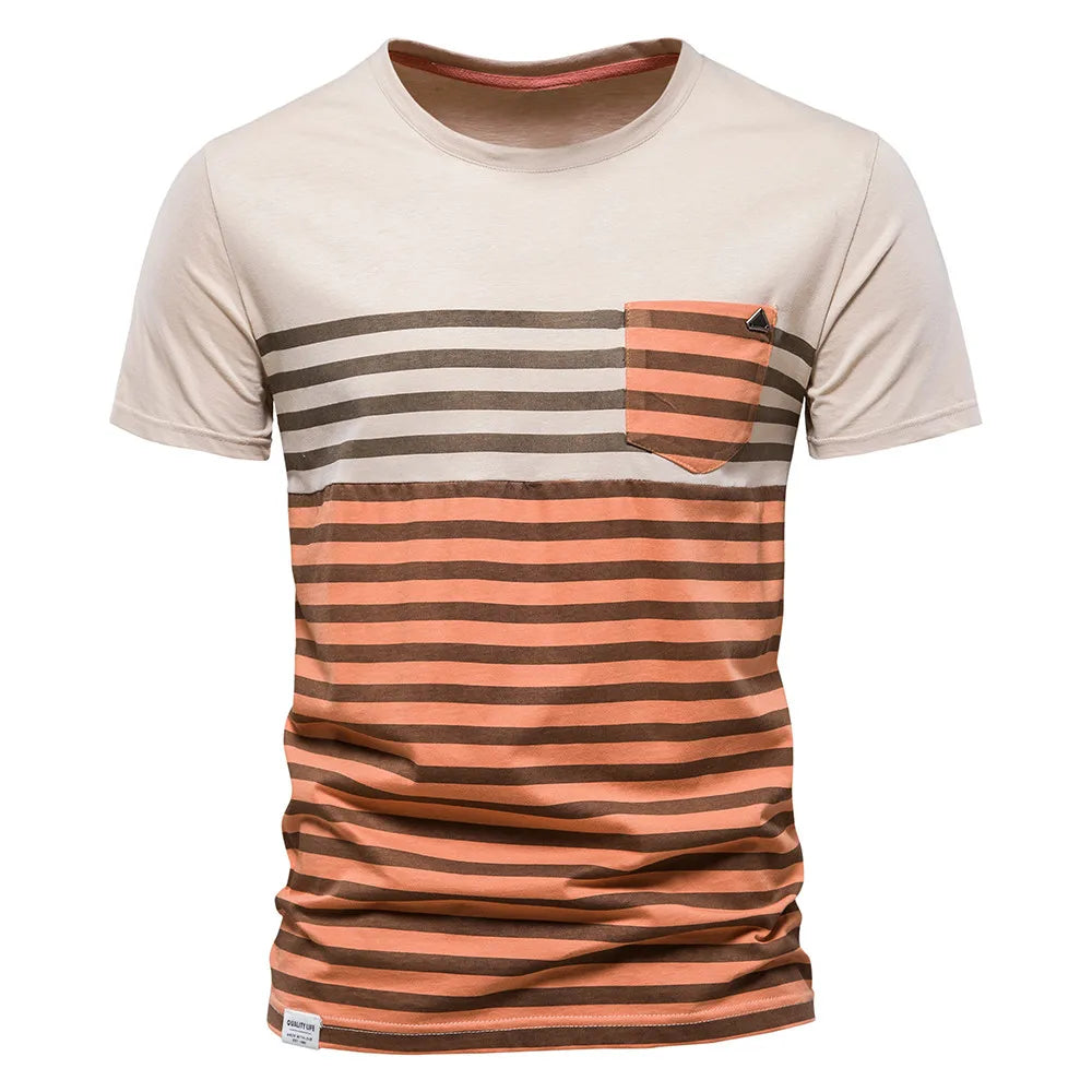 Striped Cotton Men T-shirt O-neck Short Sleeve Slim Fit T Shirt for Men Patchwork Tops Tees Summer Men's Clothing