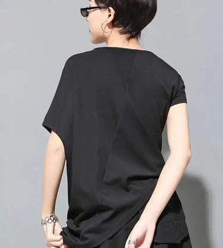 Women Black Asymmetric Pleated Big Size T-shirt New Round Neck Batwing Sleeve Fashion Tide Spring Summer 2025 1DF4667