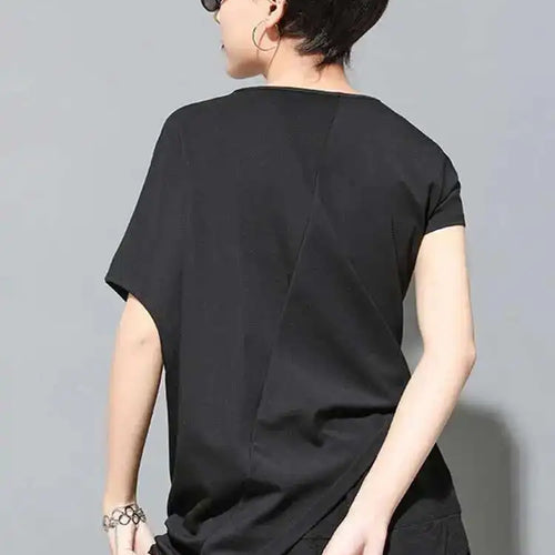 Load image into Gallery viewer, Women Black Asymmetric Pleated Big Size T-shirt New Round Neck Batwing Sleeve Fashion Tide Spring Summer 2025 1DF4667
