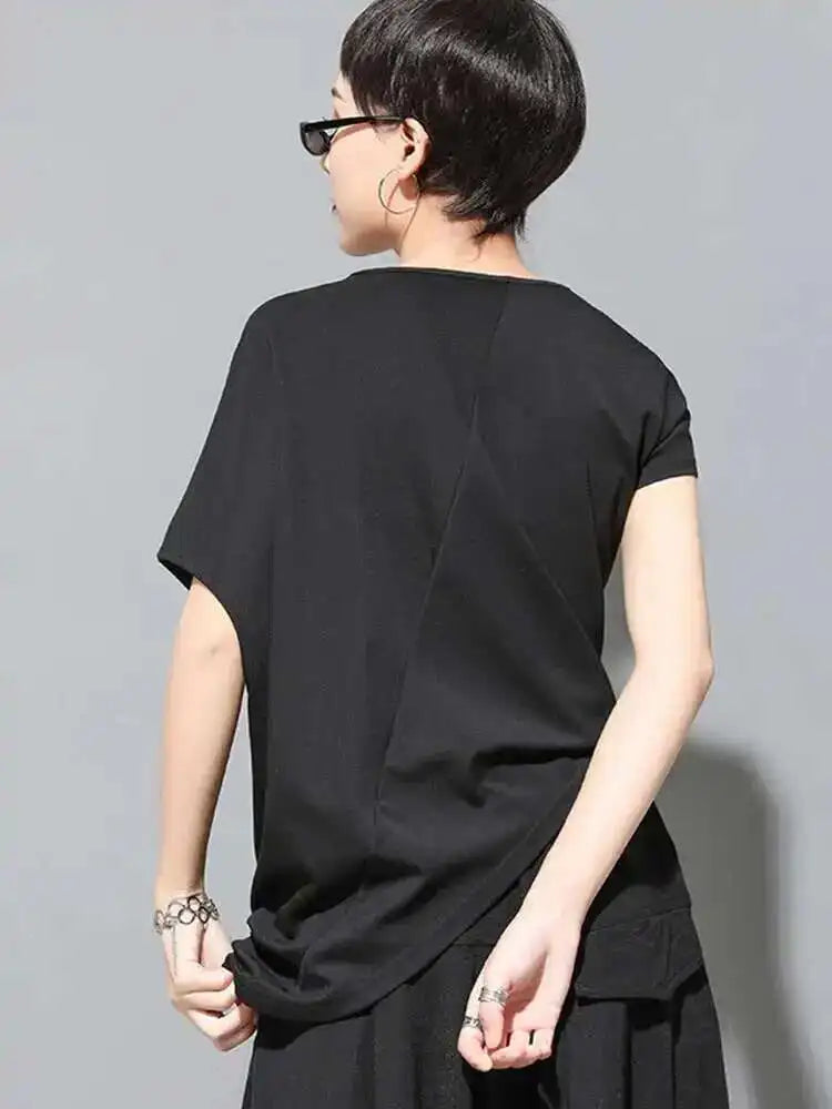 Women Black Asymmetric Pleated Big Size T-shirt New Round Neck Batwing Sleeve Fashion Tide Spring Summer 2025 1DF4667