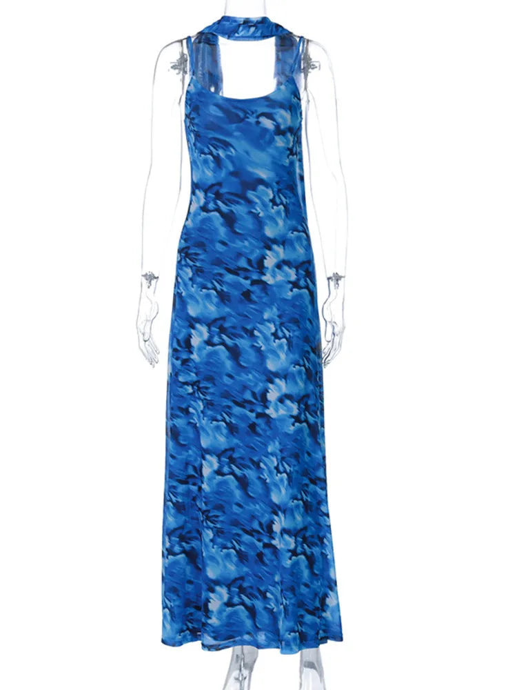 Halter Backless Print Sexy Maxi Dress For Women Gown Elegant Blue Printed Lace-up Sleeveless Evening Long Dress