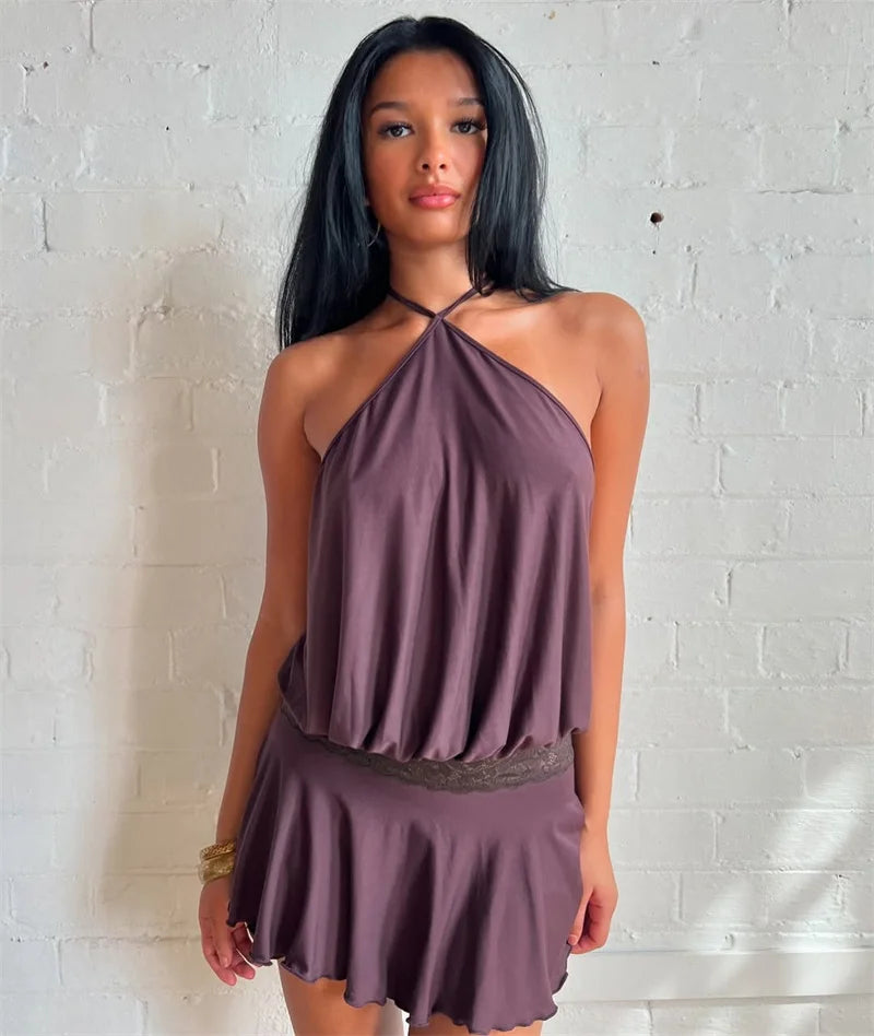 Halter Backless Sexy Mini Dress Women Robe Fashion Summer New Lace Patchwork Sleeveless Pleated Ruffled Club Dress