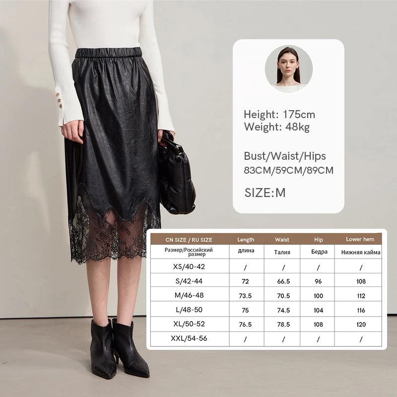 Women's Skirt 2025 Autumn New Minimalist Versatile Clothing Ladies Leather Splicing Lace Solid A-line Midi Skirt 12543095