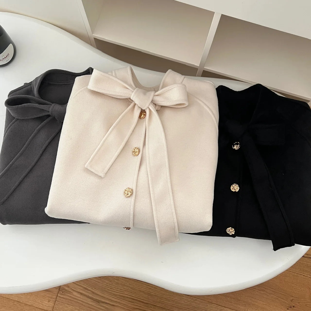 Korean Women's Beige Black Loose Woolen Coat Fashion Grey Single Breasted Long Sleeve Bow Lace-up Jacket 2024 Autumn Winter Chic