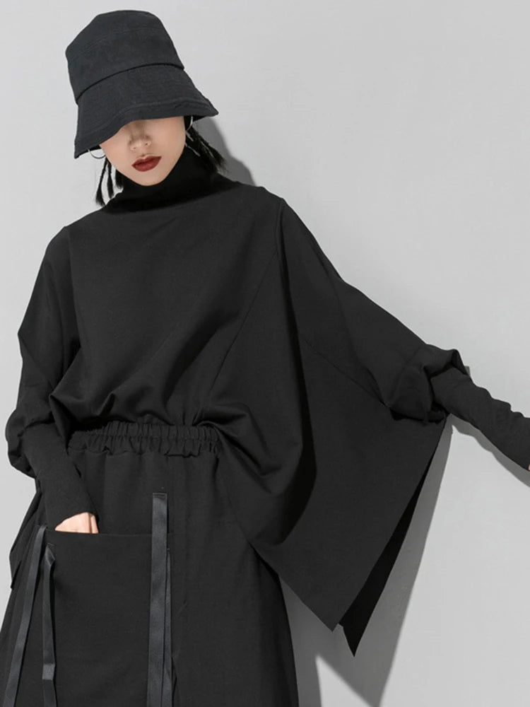 Loose Fit Black Asymmetrical Big Size Sweatshirt New Turtleneck Long Sleeve Women Big Size Fashion Tide Spring 2025 OA869