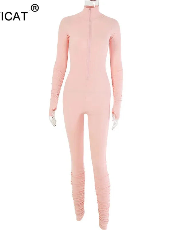 Turtleneck Zipper Skinny Jumpsuit Women Long Sleeve One Piece Neon Orange Bodysuit Female Running Fitness Outfits