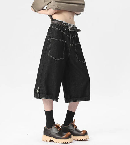 Men's Denim Shorts New Summer Straight Leg Design Buckle Two Wear American Handsome Solid Color Male Clothing 9W1536