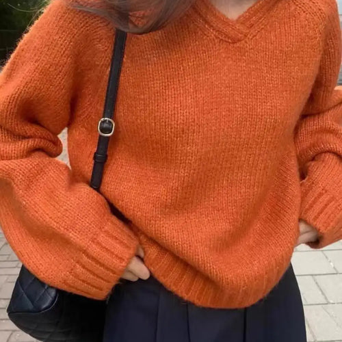 Load image into Gallery viewer, Korean Fashion Women Beige Blue Elegant Loose Knitted Short Sweater Autumn Winter Orange Long Sleeve Hooded Pullover Tops Casual
