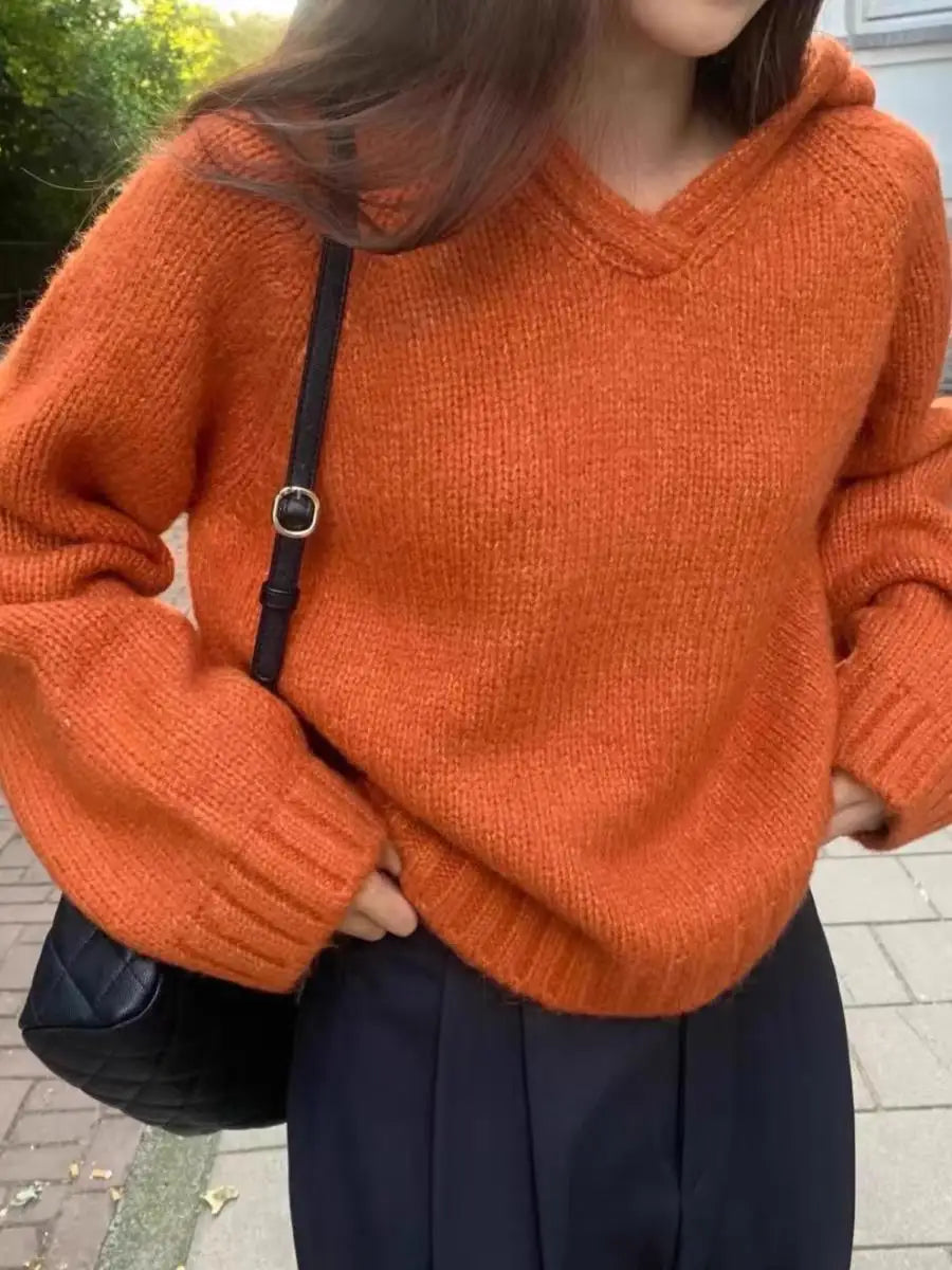 Korean Fashion Women Beige Blue Elegant Loose Knitted Short Sweater Autumn Winter Orange Long Sleeve Hooded Pullover Tops Casual