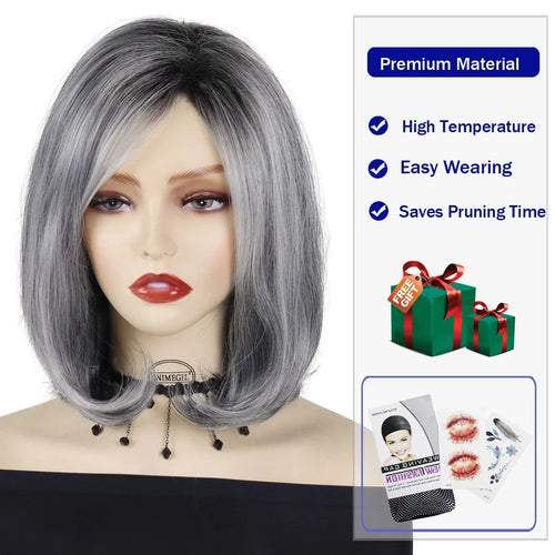 Load image into Gallery viewer, Synthetic Short Grey Bob Wig with Side Bangs Black Roots Seniors Womens Wig Natural Haircuts Ombre Elderly Curly Hair
