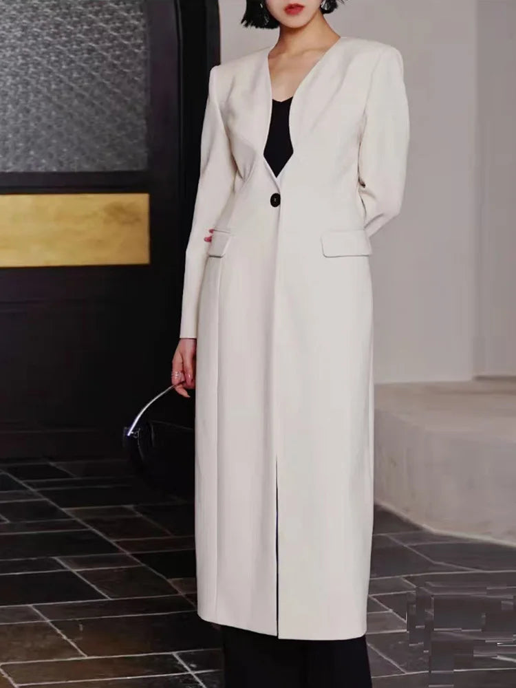 Women Black Brief Elegant Long Slim Shaped Blazer New V-neck Long Sleeve Jacket Fashion Tide Spring Autumn 2025 1DH9527