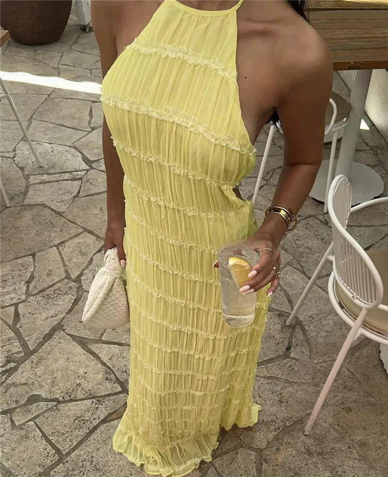 Halter Backless Sexy Maxi Dress For Women Spring Summer New Lace-up Sleeveless Pleated Beach Holiday Long Dress Elegant