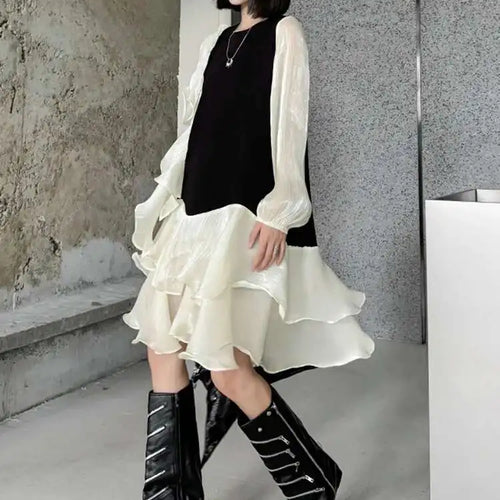 Load image into Gallery viewer, Women Black Ruffles Color-block Big Size Knee-Length Dress New Round Neck Long Sleeve Fashion Spring Autumn 2025 1DH7239
