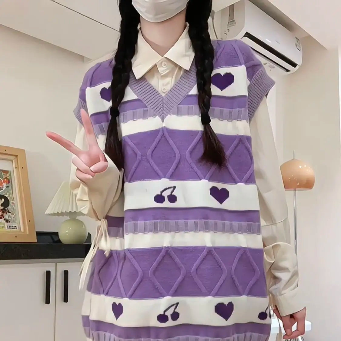 Cartoon Print Sweater Vest Women Kawaii Love Waistcoat Streetwear Knitted Fashion College All-match Harajuku Y2k Vests Chandails