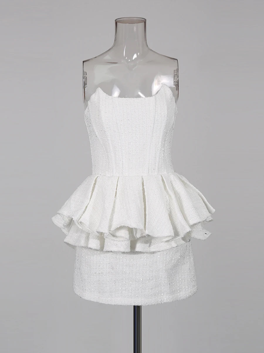 Spliced Sequins Two Piece Sets for Women Strapless Sleeveless Patchwork Ruffles Vest High Waist Skirt Set Female New