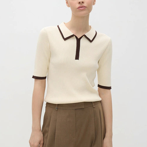 Load image into Gallery viewer, Short Sleeve Knit T-shirt Women Sweater Pullovers Summer Female Patchwork Ribbed Lapel Slim Knitted Tops Sweaters
