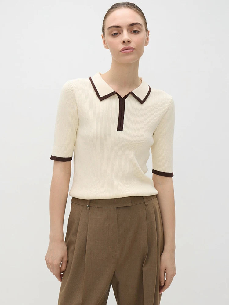 Short Sleeve Knit T-shirt Women Sweater Pullovers Summer Female Patchwork Ribbed Lapel Slim Knitted Tops Sweaters
