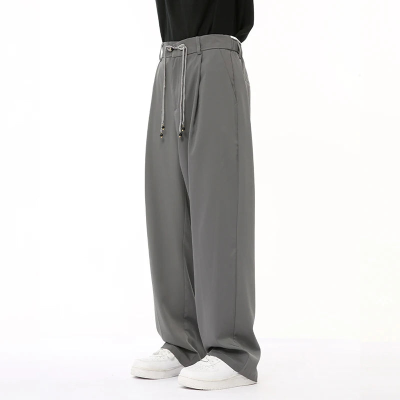 Male Gray Suit Pants New Chinese Style Knot Button Straight Wide Leg Loose Casual Men's Trousers Summer Fashion 9C6684