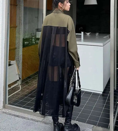 Women Army Green Mesh Color-block Big Size Long Shirt Dress New Lapel Long Sleeve Fashion Tide Spring Autumn 2025 1DH6066