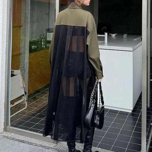 Load image into Gallery viewer, Women Army Green Mesh Color-block Big Size Long Shirt Dress New Lapel Long Sleeve Fashion Tide Spring Autumn 2025 1DH6066

