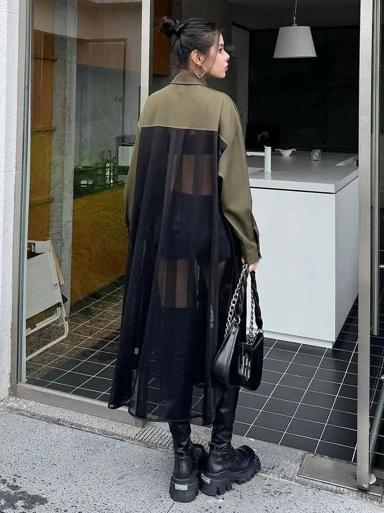 Women Army Green Mesh Color-block Big Size Long Shirt Dress New Lapel Long Sleeve Fashion Tide Spring Autumn 2025 1DH6066