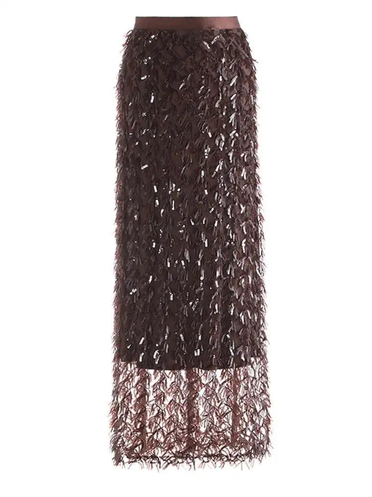 High Elastic Waist Brown Sequins Tassels Elegant Party Half-body Skirt Women Fashion Tide New Spring Autumn 2025 1DH9912