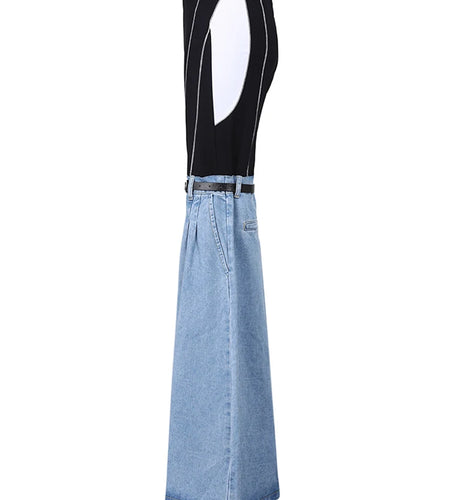 High Waist Blue Denim Color-block Slim Long Wide Leg Jeans New Women Trousers Fashion Tide Spring Autumn 2025 YX018105