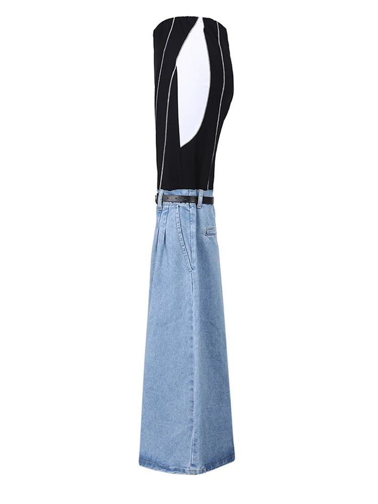 High Waist Blue Denim Color-block Slim Long Wide Leg Jeans New Women Trousers Fashion Tide Spring Autumn 2025 YX018105