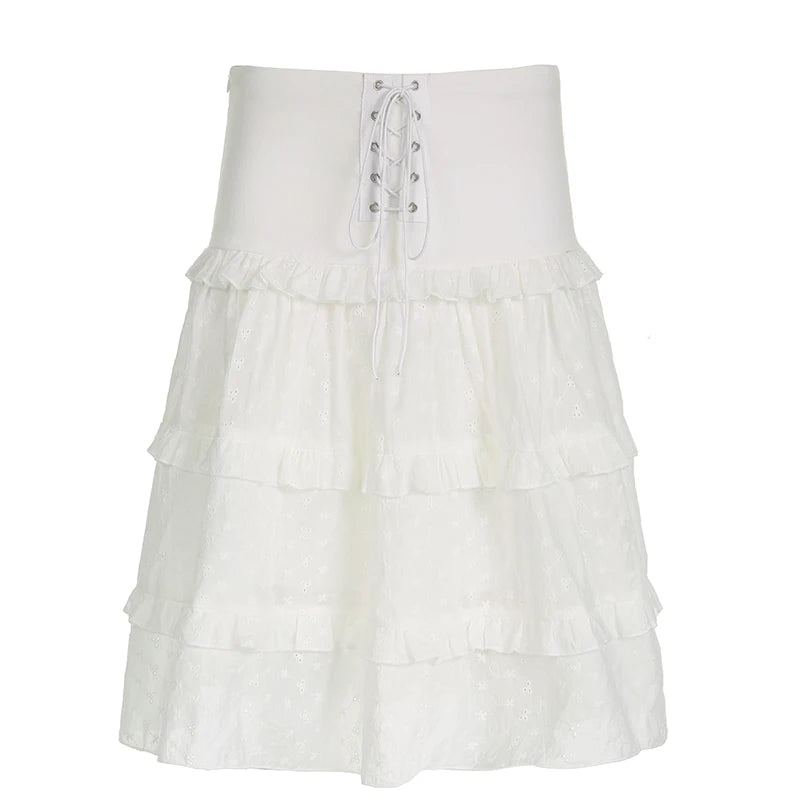 Boho Chic White Jacquard Low Waist Midi Skirt Summer Holidays Lace Up Fashion Female Skirt Ruffles Patchwork Stitched