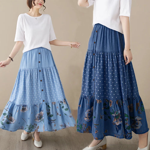 Load image into Gallery viewer, Casual Vintage Denim Skirt Floral Print A-line Pleated Long Skirts Summer Women Elegant Holiday Clothes Elastic Waist Midi Skirt
