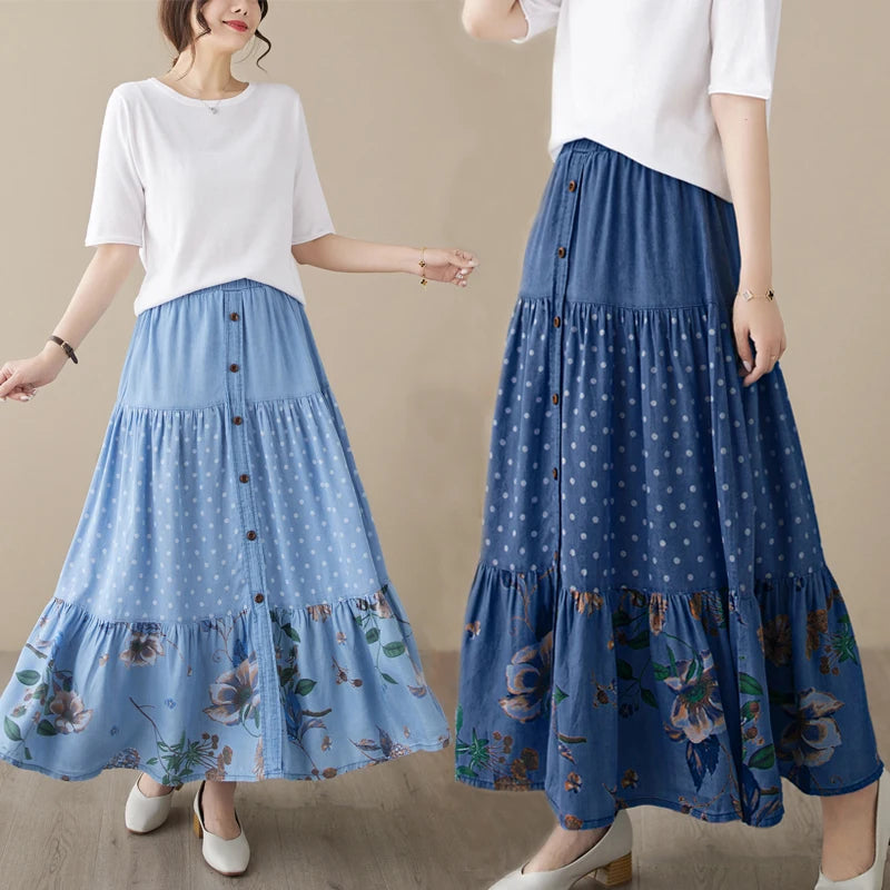 Casual Vintage Denim Skirt Floral Print A-line Pleated Long Skirts Summer Women Elegant Holiday Clothes Elastic Waist Midi Skirt