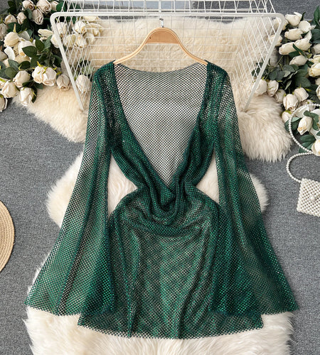 Spring Summer Green Sexy Nightclub Mini Dress Women Black Long Sleeve Backless Hollow Out Perspective Diamond Short Dresses Y2k