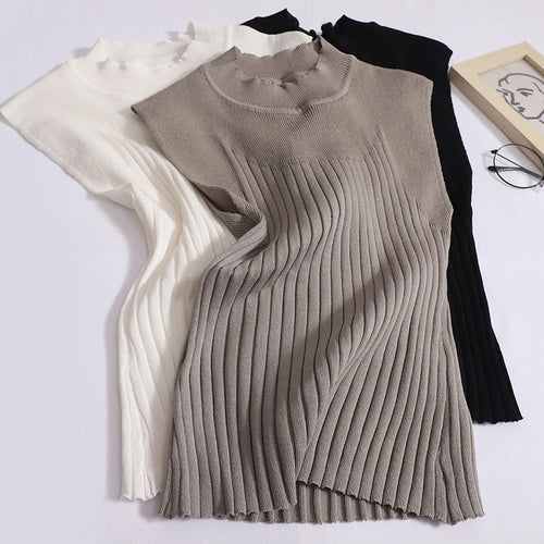 Load image into Gallery viewer, Korean Women Solid Striped Round Neck Knitted Vest 2024 Summer Sleeveless Basic Pullover Tank Tops Versatile Streetwear clothes
