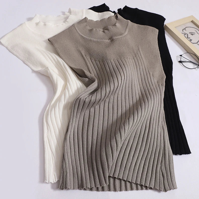 Korean Women Solid Striped Round Neck Knitted Vest 2024 Summer Sleeveless Basic Pullover Tank Tops Versatile Streetwear clothes