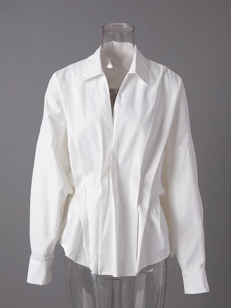 Women White Pleated Shaped Elegant Big Size Blouse New V-neck Long Sleeve Shirt Fashion Tide Spring Autumn 2025 CPG3185
