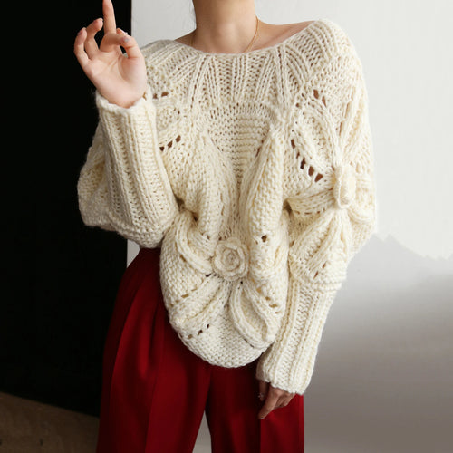 Load image into Gallery viewer, European Style Sweater for Women New High-Grade Hollow Out Flower Crew Neck Puff Sleeve Waist-Tight Pullover Spring C-140
