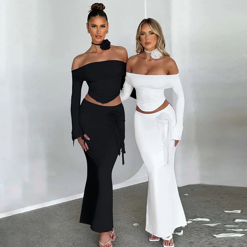 Elegant Halter 3D Flower Two Piece Sets Women Fashion Off-shoulder Tops And Maxi Skirt Matching Sets Bodycon Sexy Dress