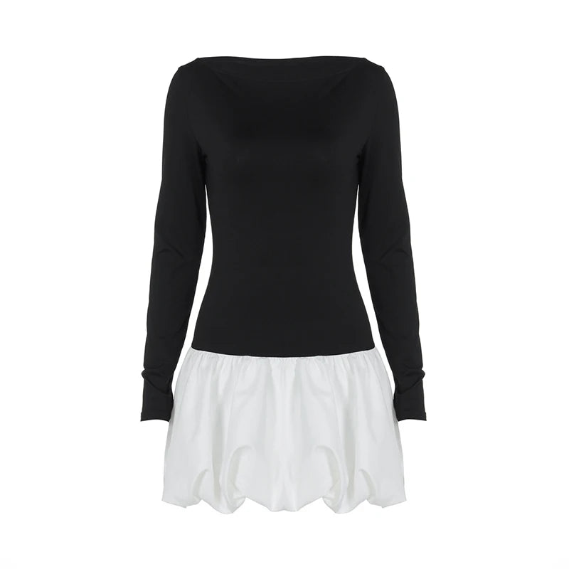 Patchwork Long Sleeve Sexy Mini Dress For Women Color Contrast High Waist A-line Club Party Sexy Puffy Dress Elegant