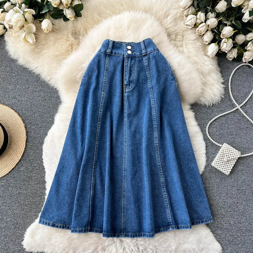 Load image into Gallery viewer, Summer Women Retro High Waist Blue Denim Skirts A Line Casual High Elastic Waist Streetwear Midi Pleated Button Jeans Skirt Chic
