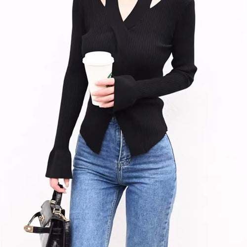 Load image into Gallery viewer, Women&#39;s Blouse Chic Hollow out Sexy knitted Pullovers for Autumn Female Korean Clothing Solid Full Sleeve Bottoming Shirt C-080
