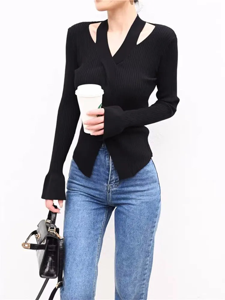 Women's Blouse Chic Hollow out Sexy knitted Pullovers for Autumn Female Korean Clothing Solid Full Sleeve Bottoming Shirt C-080